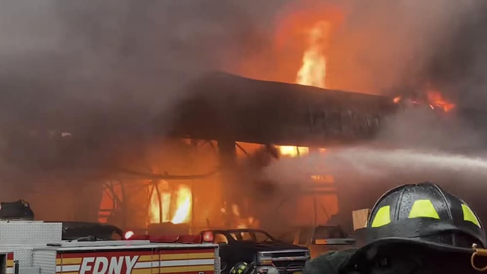 Featured image for “WATCH: FDNY Battles 5-Alarm 2-Story Factory Fire”